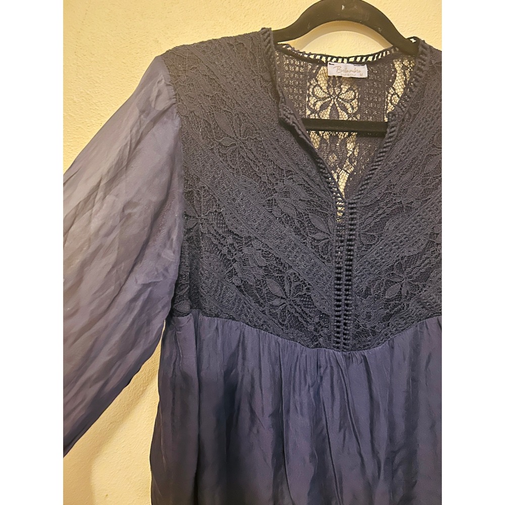 Bellambra Blouse Women Medium Navy Blue Excellent Silk Lace Boho Made in Italy - Picture 5 of 12